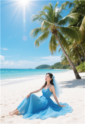 夏日海边蓝色婚纱美女写真摄影